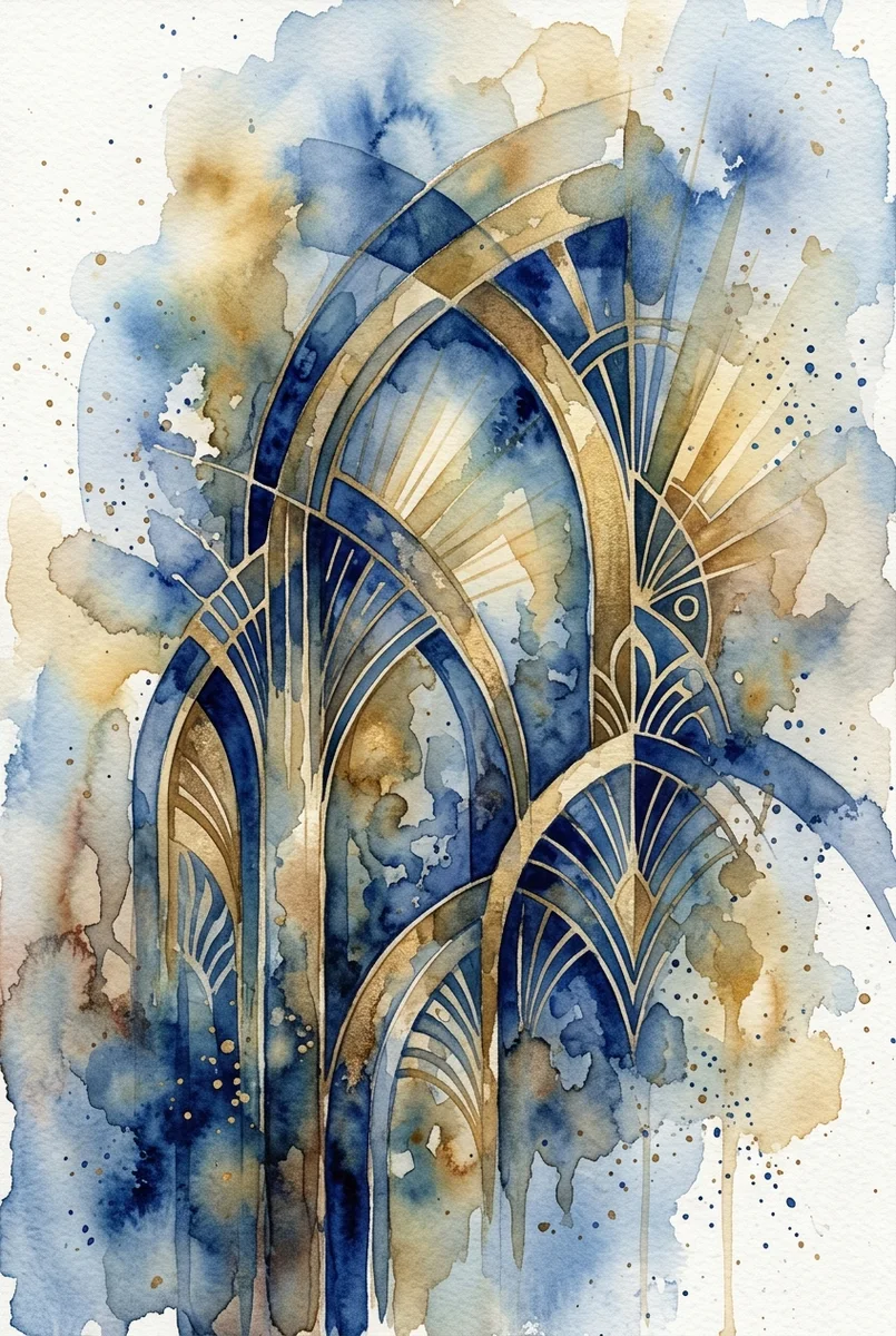 Sapphire Brass Arches Wall Art - Neo Deco Style (300 DPI)