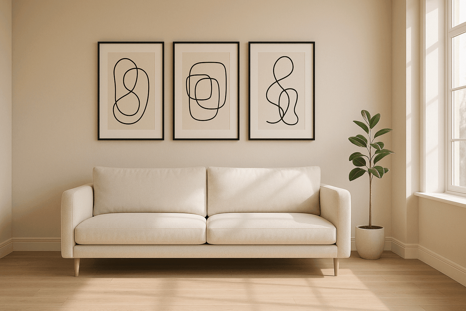 Serene minimalist living room with abstract line art prints in black frames above modern sofa with neutral beige walls natural light and single potted plant