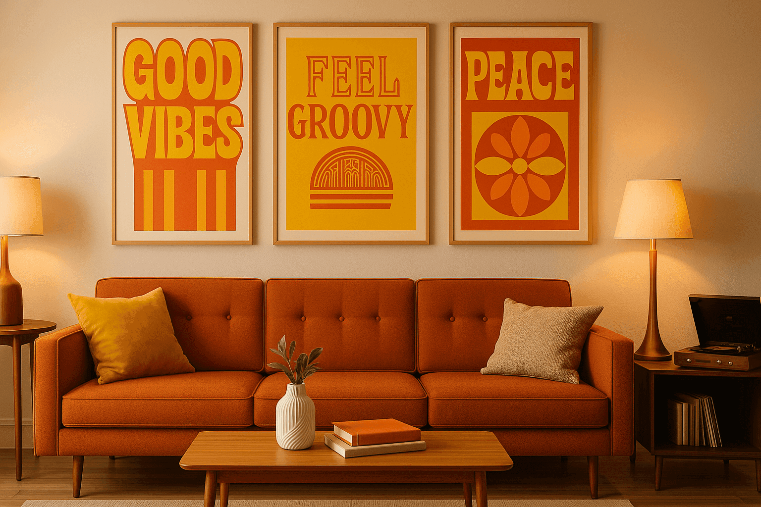 Modern living room with colorful retro typography wall art featuring bubble letters and Art Deco fonts in orange and yellow above mid-century sofa with geometric shapes