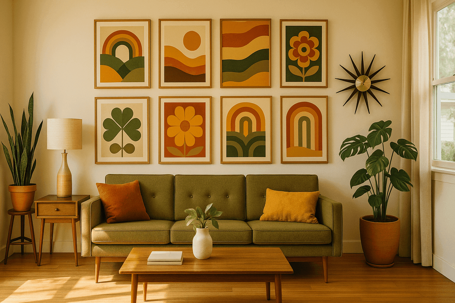 Modern living room with retro wall art gallery featuring vintage 70s prints in orange yellow and green above mid-century sofa with houseplants and sunburst clock