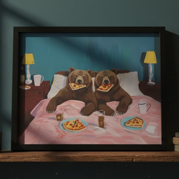 Bears Eating Pizza in Bed Wall Art