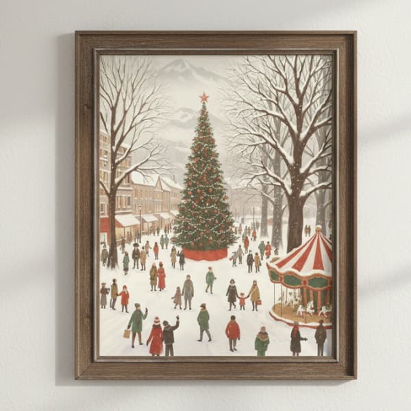 Vintage Christmas Town Square Print