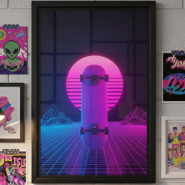Retro Wave Skateboard Wall Art Print (300 DPI)