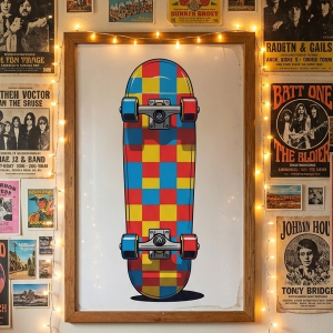 Retro Checkerboard Skateboard Wall Art Print (300 DPI)