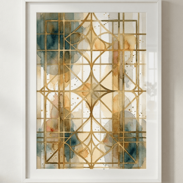 Ochre Brass Grid Wall Art – Neo Deco Style (300 DPI)